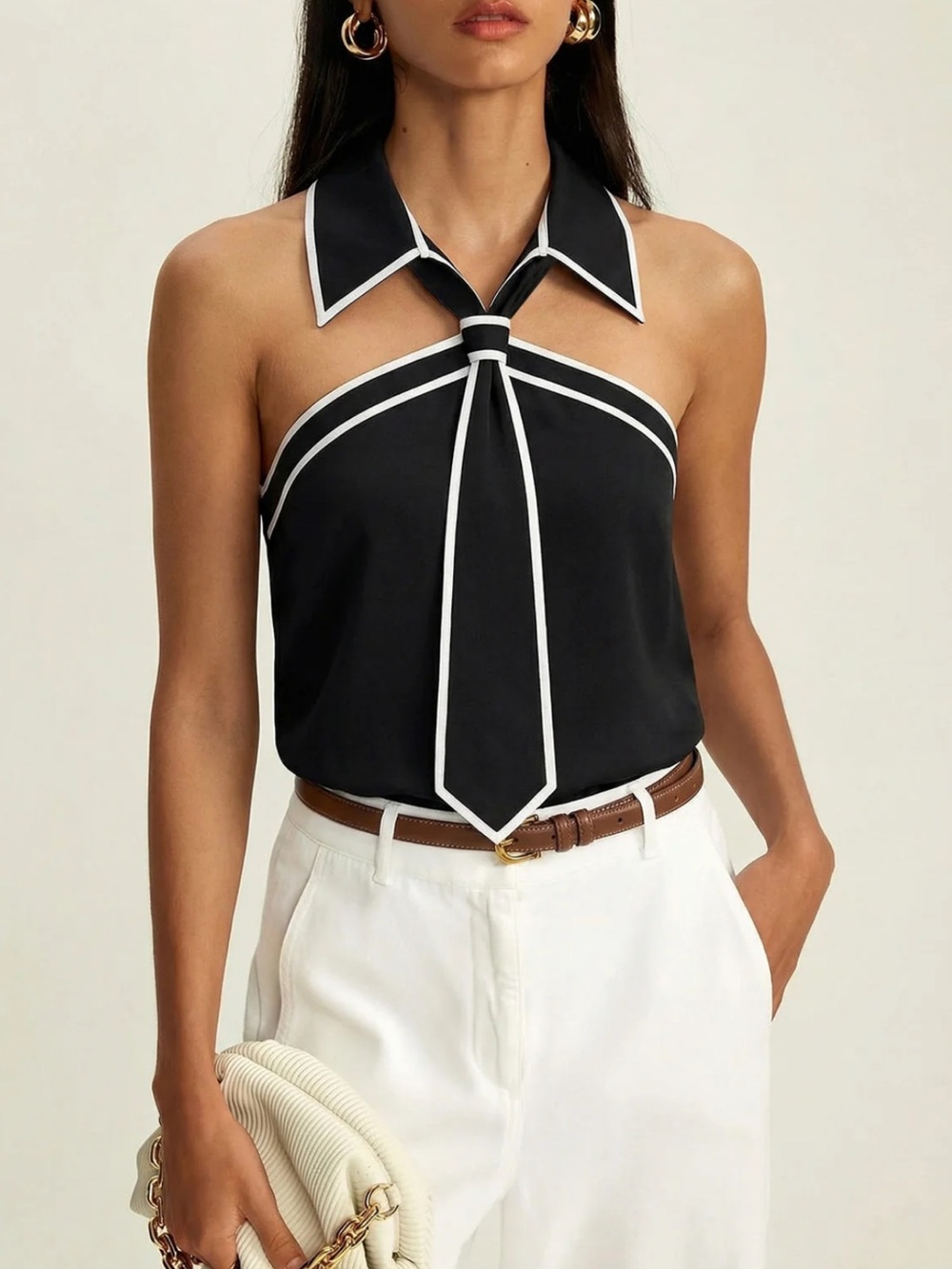 Commense Black Halter Tie-Accent Women's Top Small